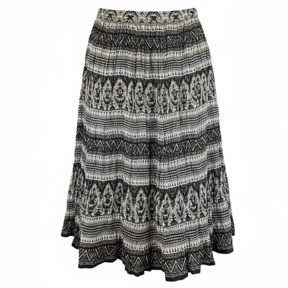 Emanuel Geraldo Earth Tone Patterned Crinkle Cotton Maxi Circle Skirt One Size